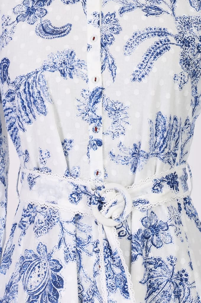 White Floral Printed Pure Cotton A-line Shirt Dress with Fabric Belt — photo 2