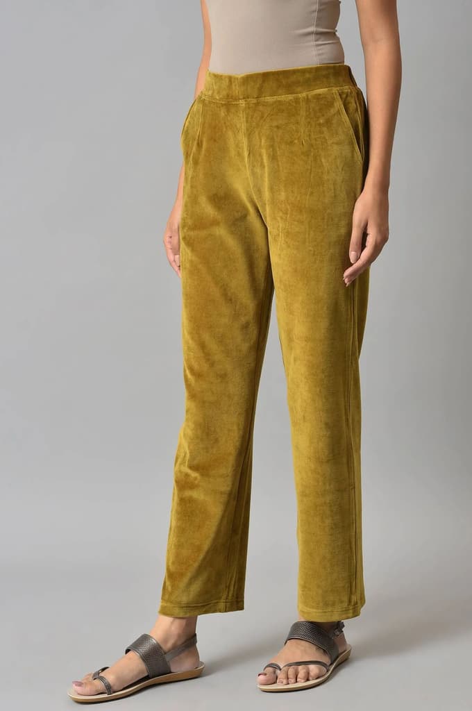 Muted Sage Green Solid Straight Fit Cotton Trousers With Elasticated Waist — photo 3