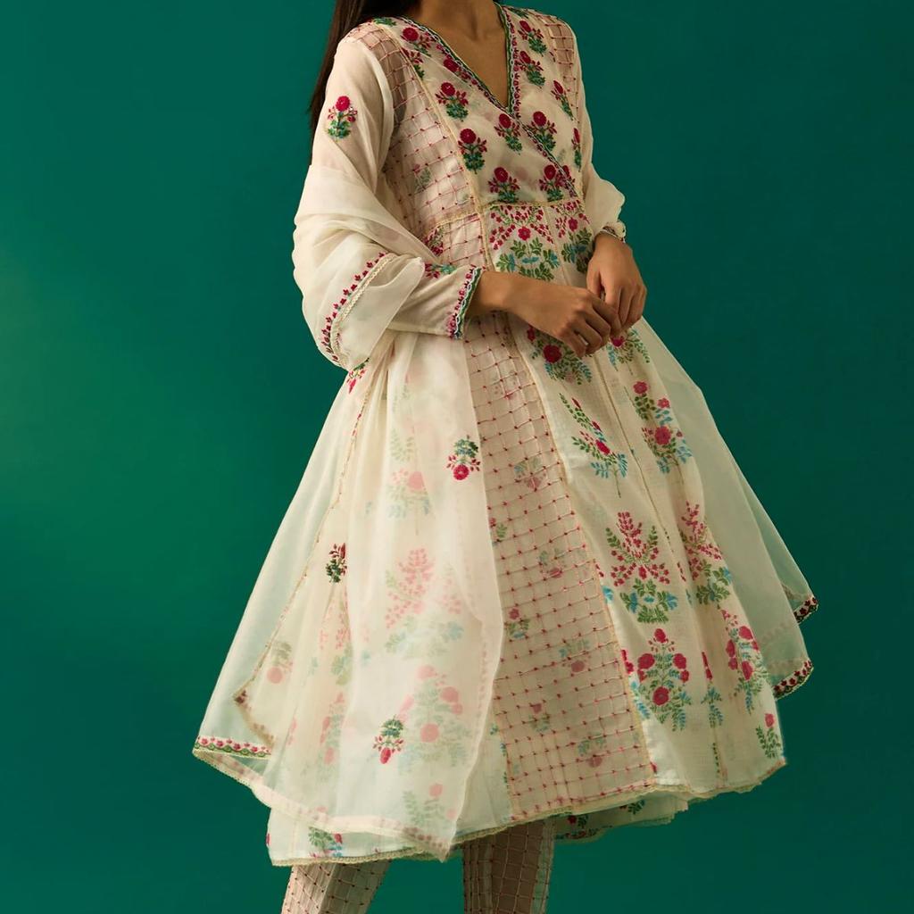 Off-White Floral Embroidered Anarkali Kurta with Straight Pant and Dupatta Set