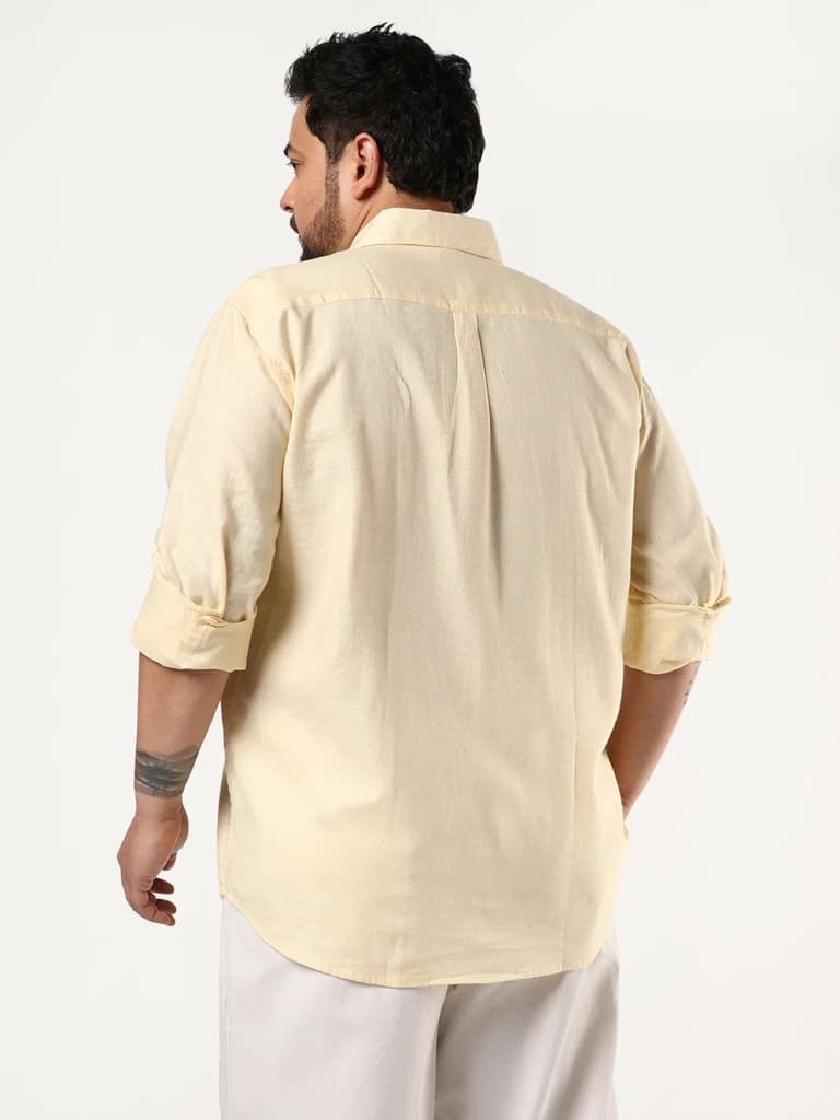 Plus Men's Tender Yellow Linen Blend Full Sleeve Relaxed Fit Casual Solid Shirt — photo 4