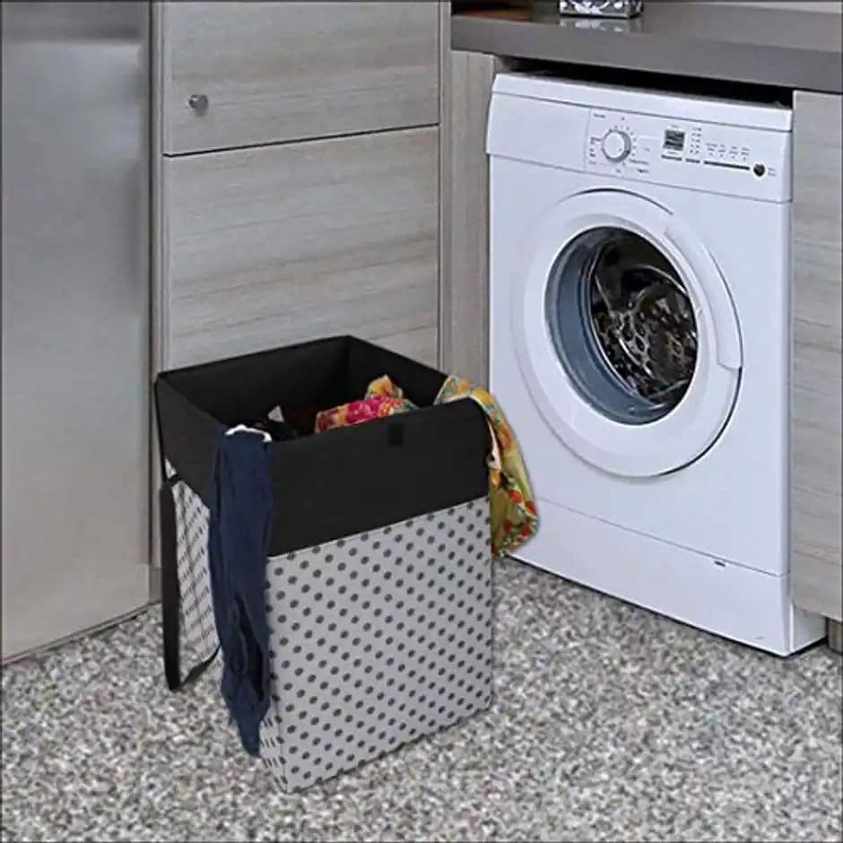 PrettyKrafts 75 L Large Laundry Basket | Foldable Hamper with Lid & Cloth Organizer - Grey Black