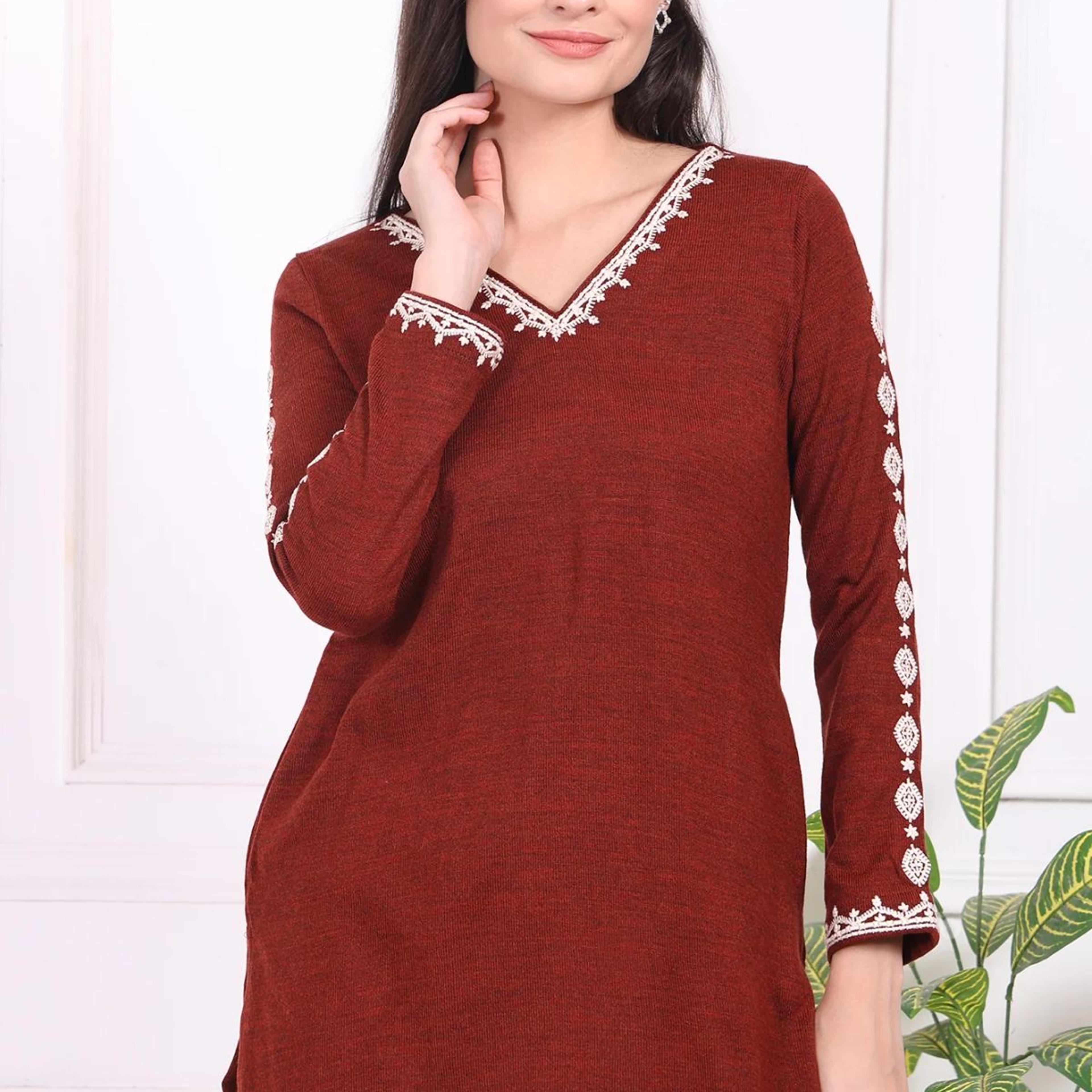 Rust Solid Thread Embroidered Acrylic Straight Tunic
