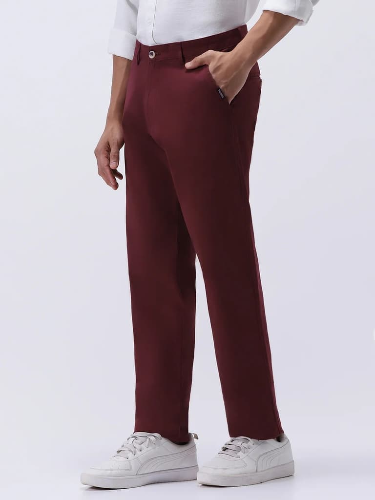 Men's Dark Maroon Cotton Regular Fit Casual Chinos Trousers Stretch — photo 3