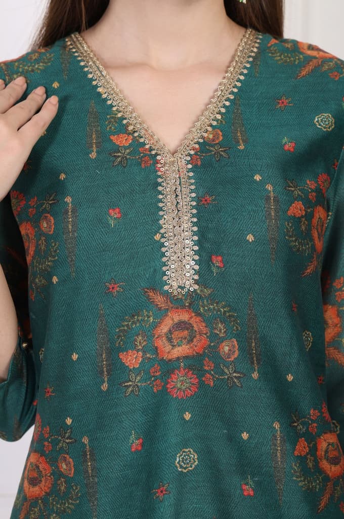 Teal Floral Printed Embellished Straight Silk Kurta — photo 3