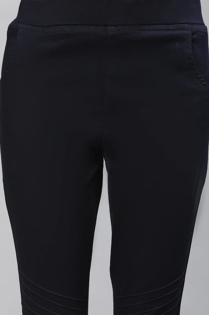 Navy Blue Solid Slim Fit Denim Jeggings With Pintuck Detail — photo 7