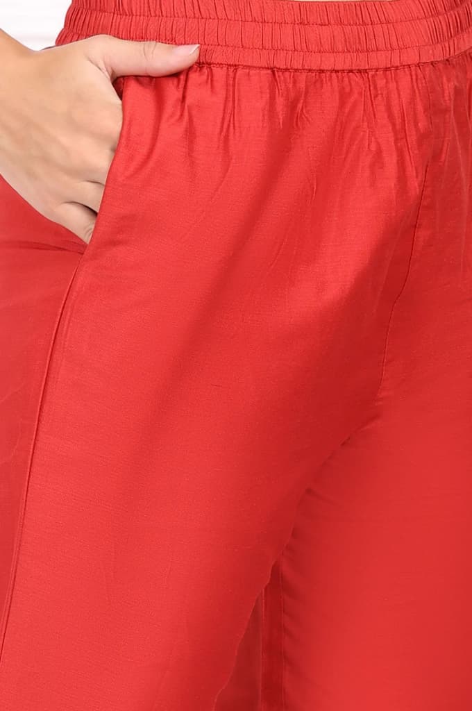 Red Solid Embroidered Straight Kurta and Straight Pants Set — photo 9