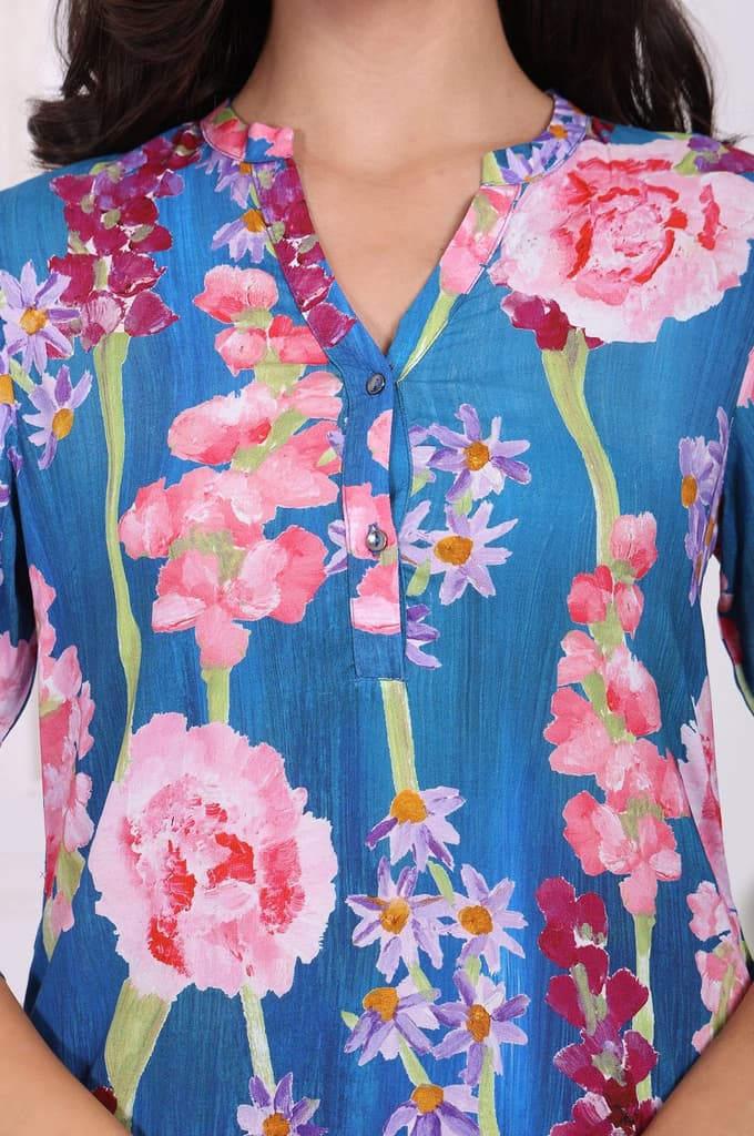 Blue Floral Printed Modal Straight Kurta — photo 3