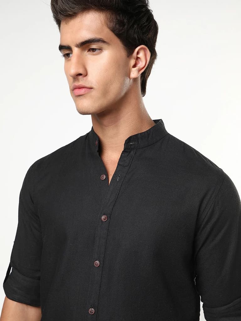 Men's Black Linen Blend Full Sleeve Relaxed Fit Mandarin Collar Casual Solid Shirt — photo 6