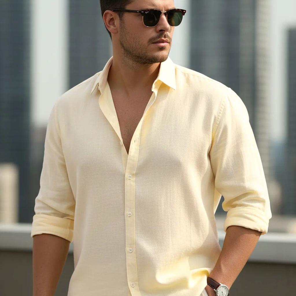 Plus Men's Tender Yellow Linen Blend Full Sleeve Relaxed Fit Casual Solid Shirt
