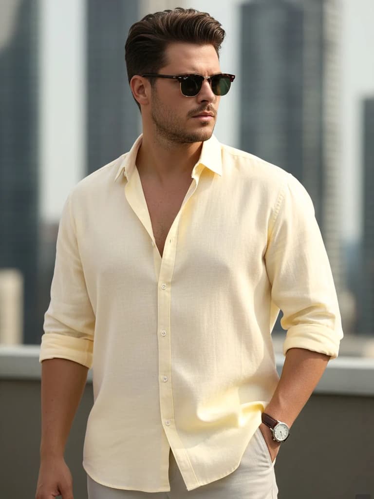 Plus Men's Tender Yellow Linen Blend Full Sleeve Relaxed Fit Casual Solid Shirt — 2XL / Tender Yellow