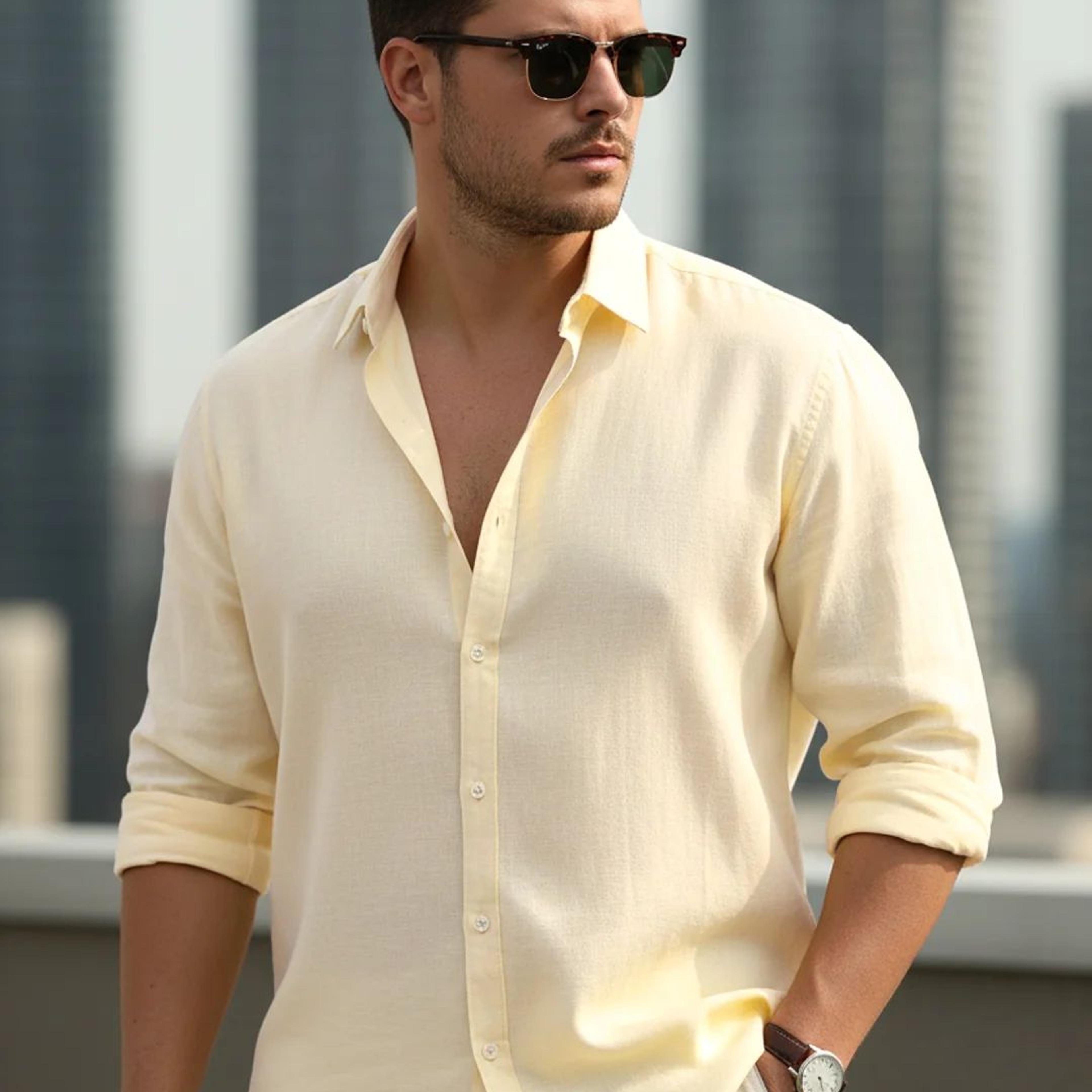 Plus Men's Tender Yellow Linen Blend Full Sleeve Relaxed Fit Casual Solid Shirt