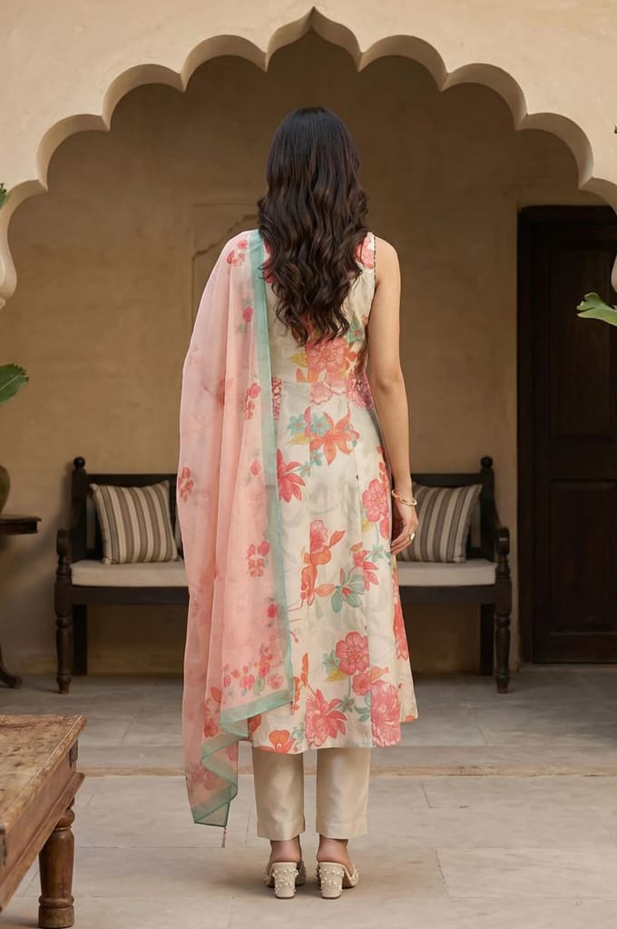 Cream Floral Printed Tissue Crepe Sleeveless Anarkali Kurta with Straight Pants and Dupatta Set — photo 4