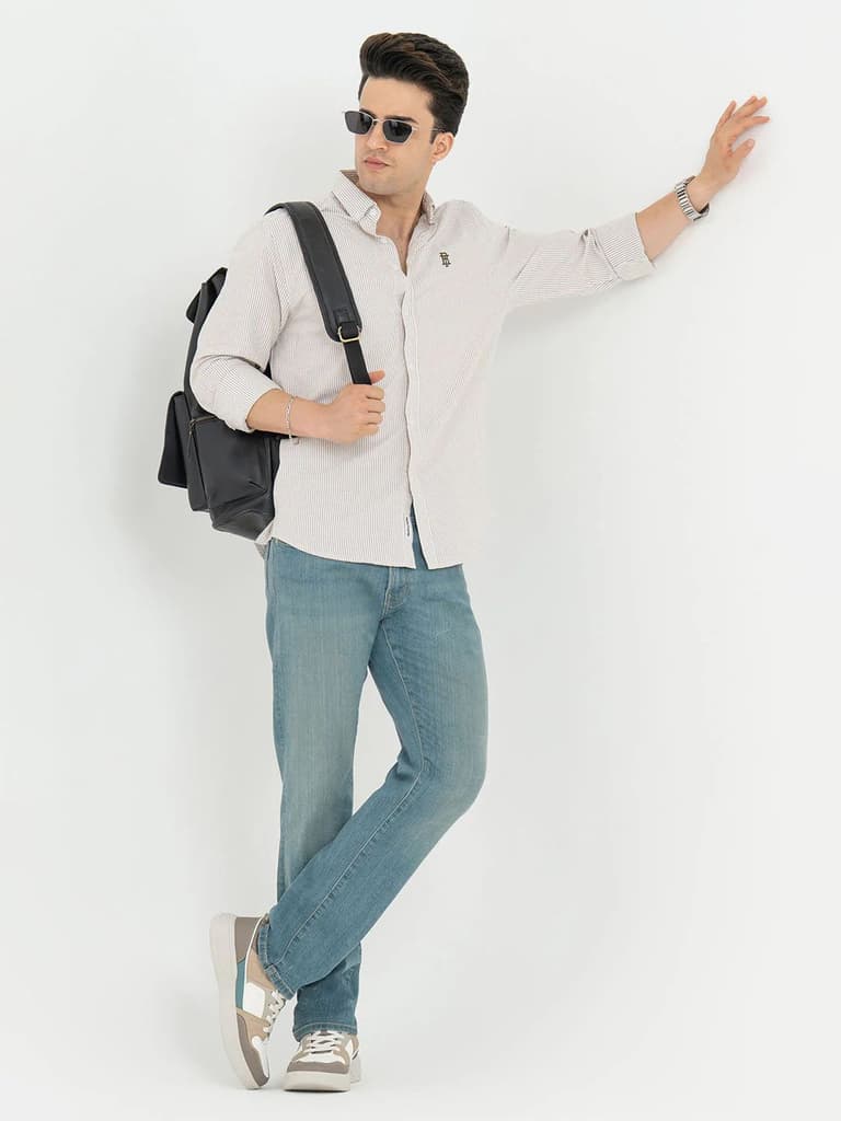 Shirts for Men in Tan | Striped Oxford Full Sleeve Casual Shirt — photo 5
