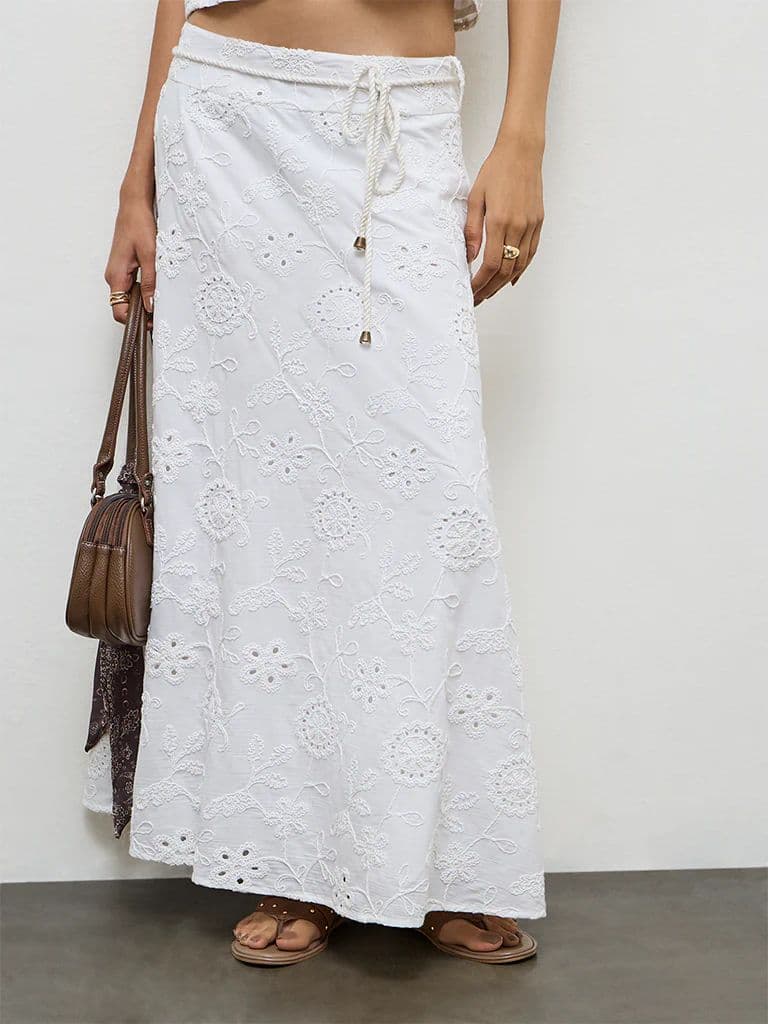 LOV White Schiffli Embroidered High-Rise Cotton Skirt — photo 2