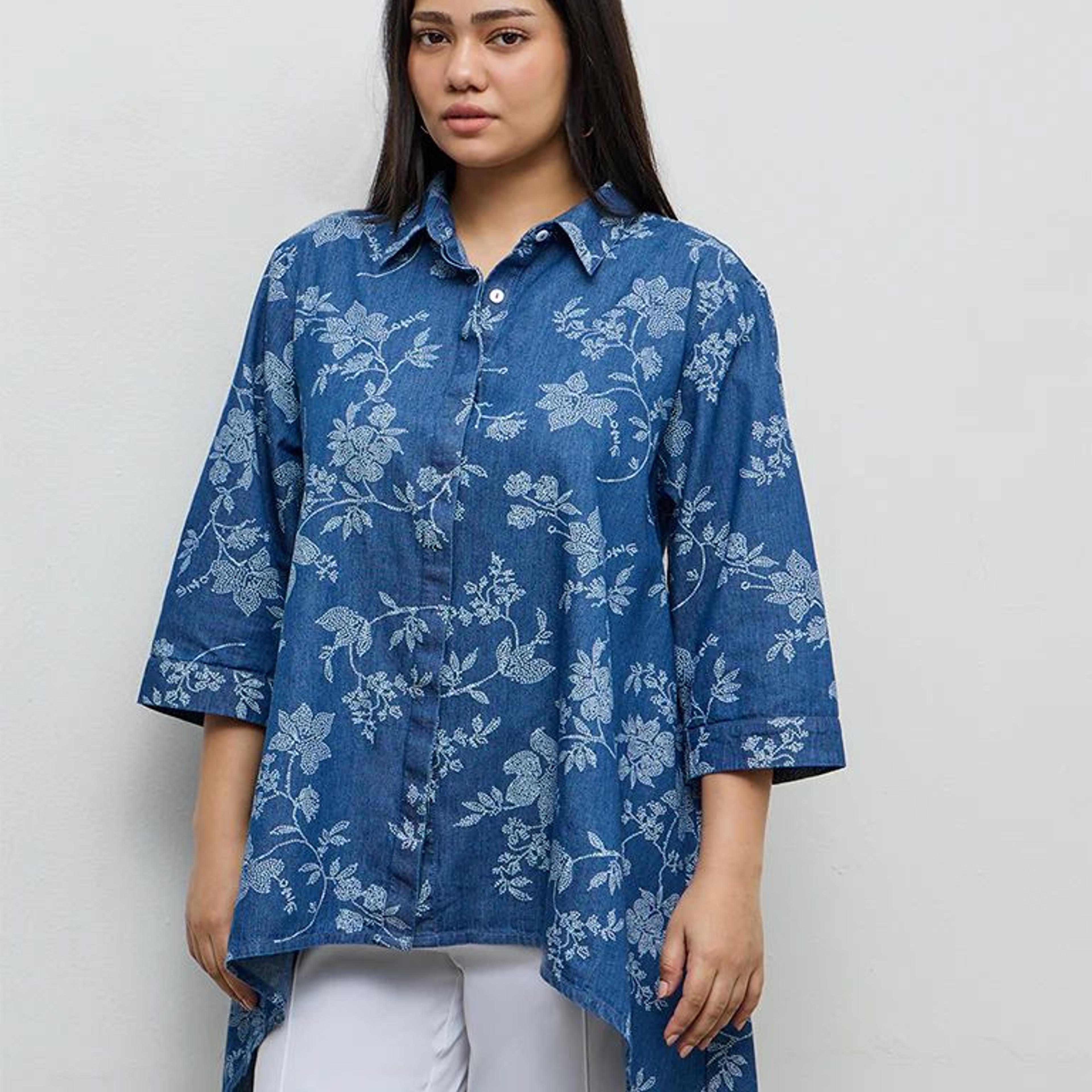 Diza Blue Floral Printed Denim Tunic