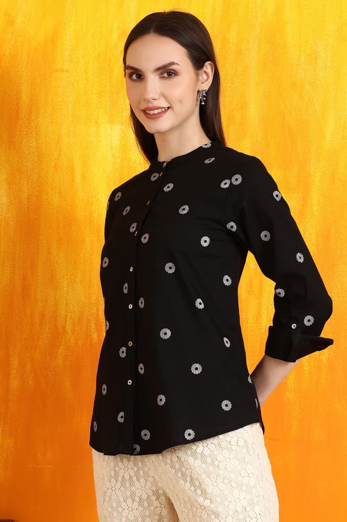 Black Printed Pure Cotton Button Down Shirt — photo 4