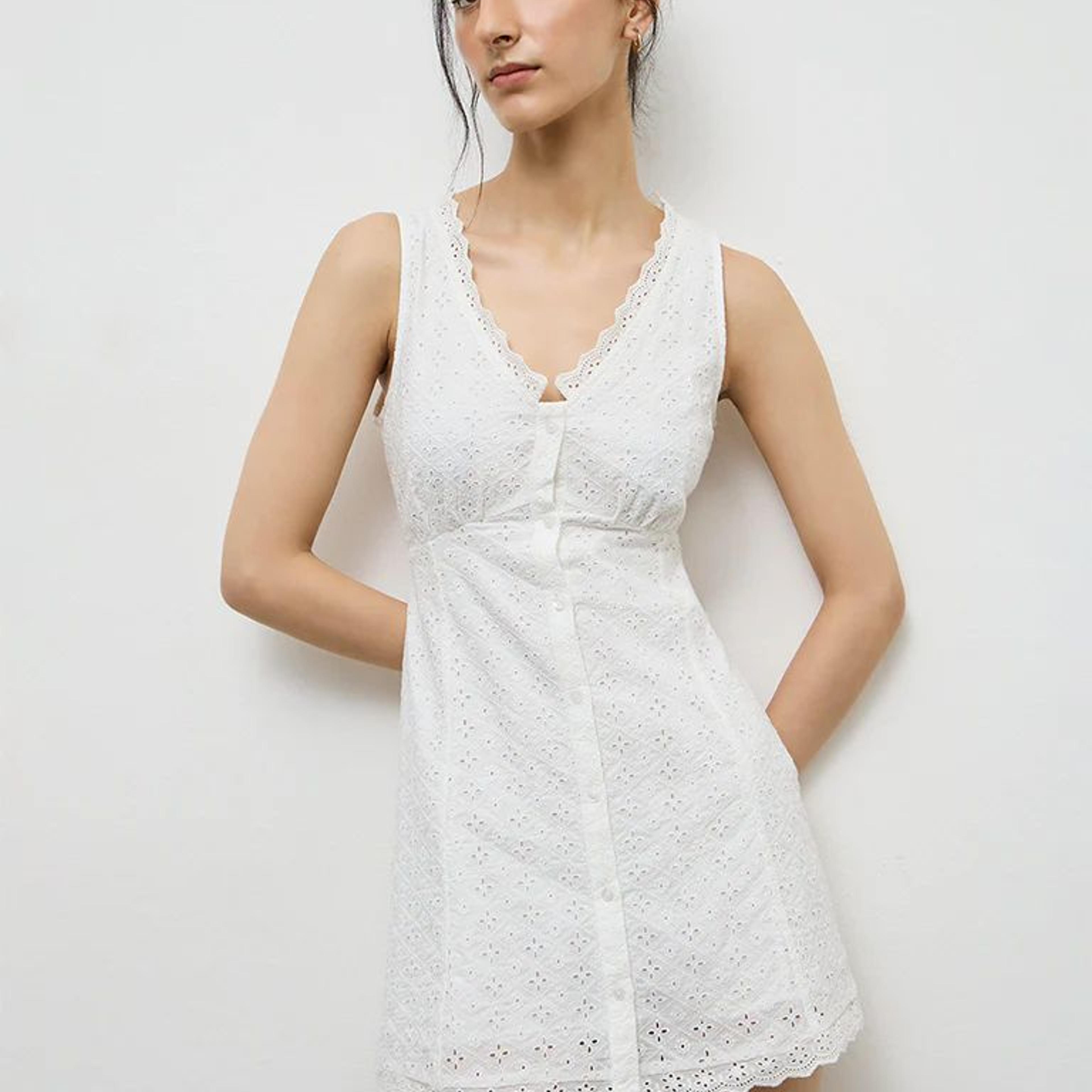 Nuon White Schiffli Embroidered Cotton A-Line Dress