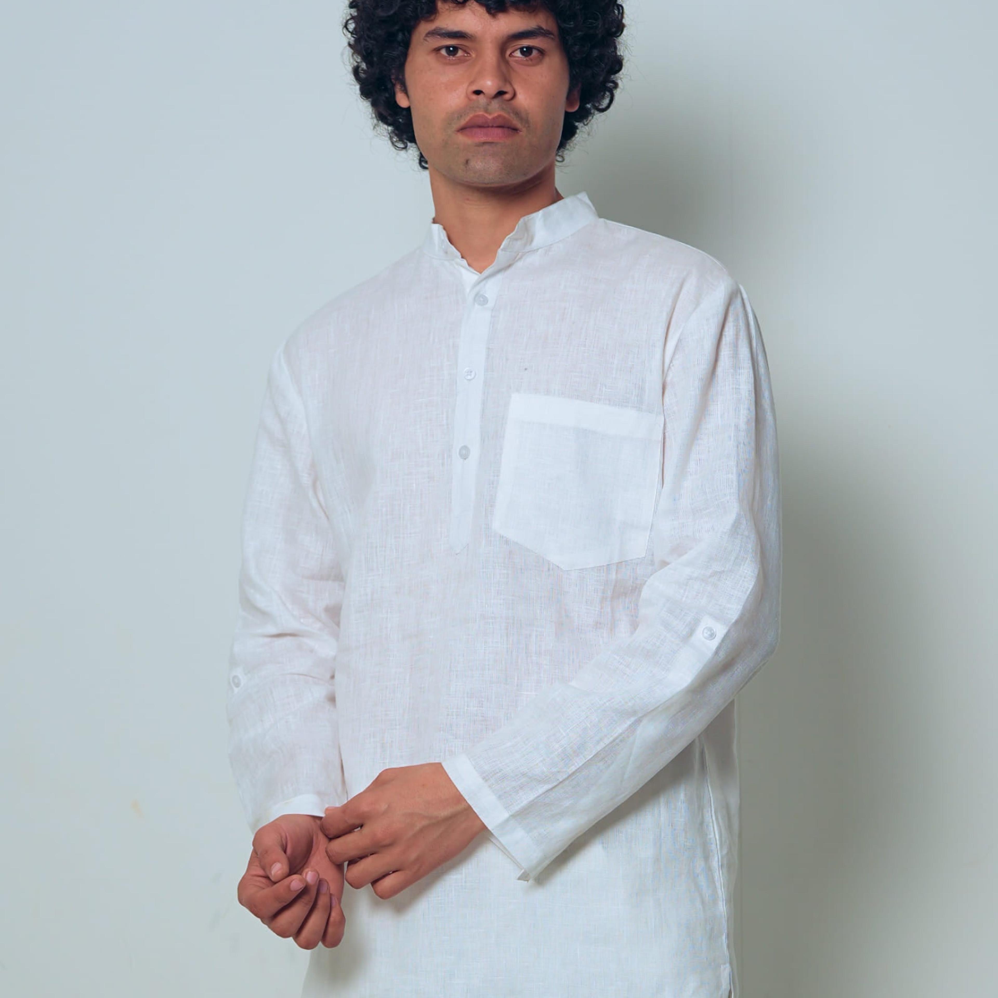 Sadabahar White Linen Short Kurta | Mr.Saa (Mr.सा)