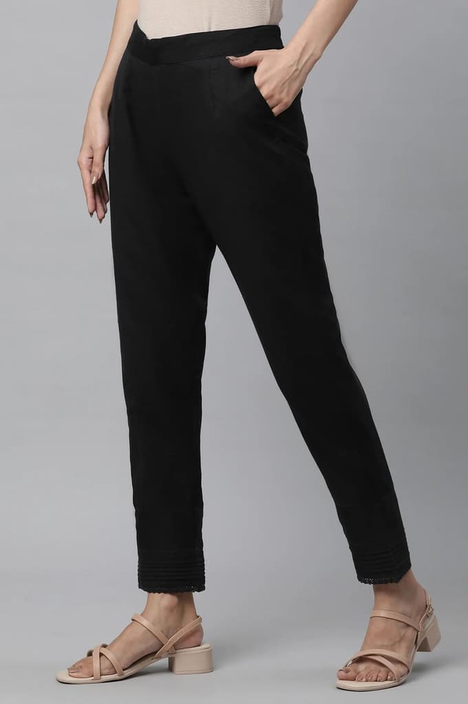 Black Solid Straight Fit Cotton Trousers With Lace Insert — photo 2