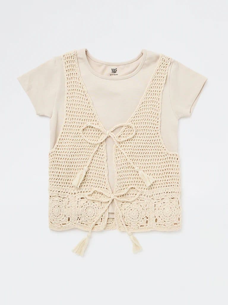 Y&F Kids Girls Beige Crochet Design Cotton-Blend Waistcoat with T-Shirt Set — photo 3