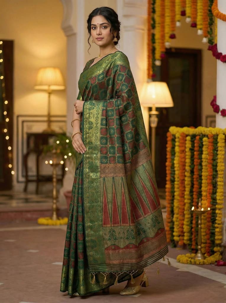 MIMOSA Women's Woven Design Patola Style Raw Silk Saree with Blouse Piece - Green ( SA00003139GRNFREE ) — photo 2