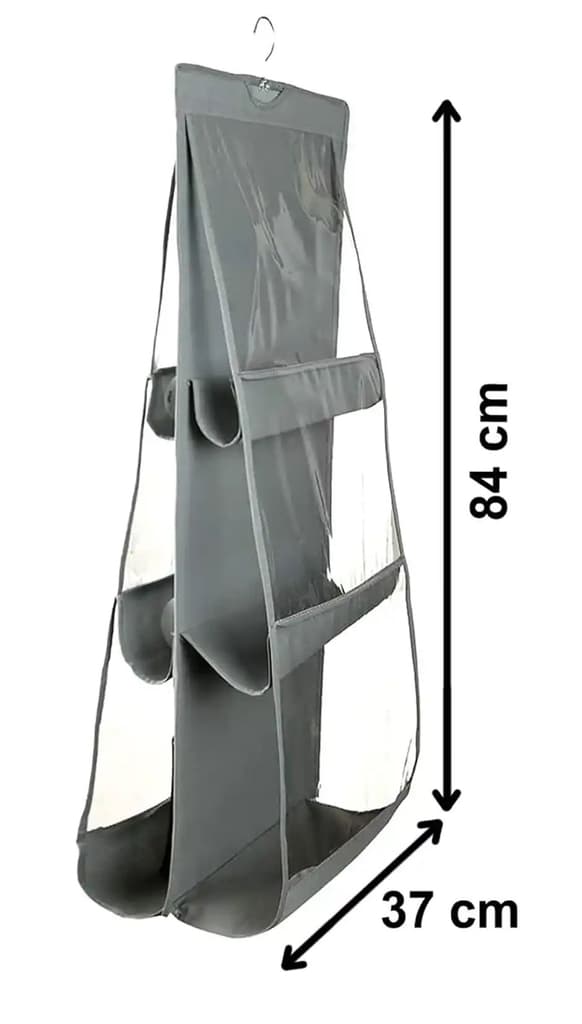 Kuber Industries Dustproof Hanging Handbag Organizer with 6 Compartments & Hanger (Grey | Cotton) — photo 2