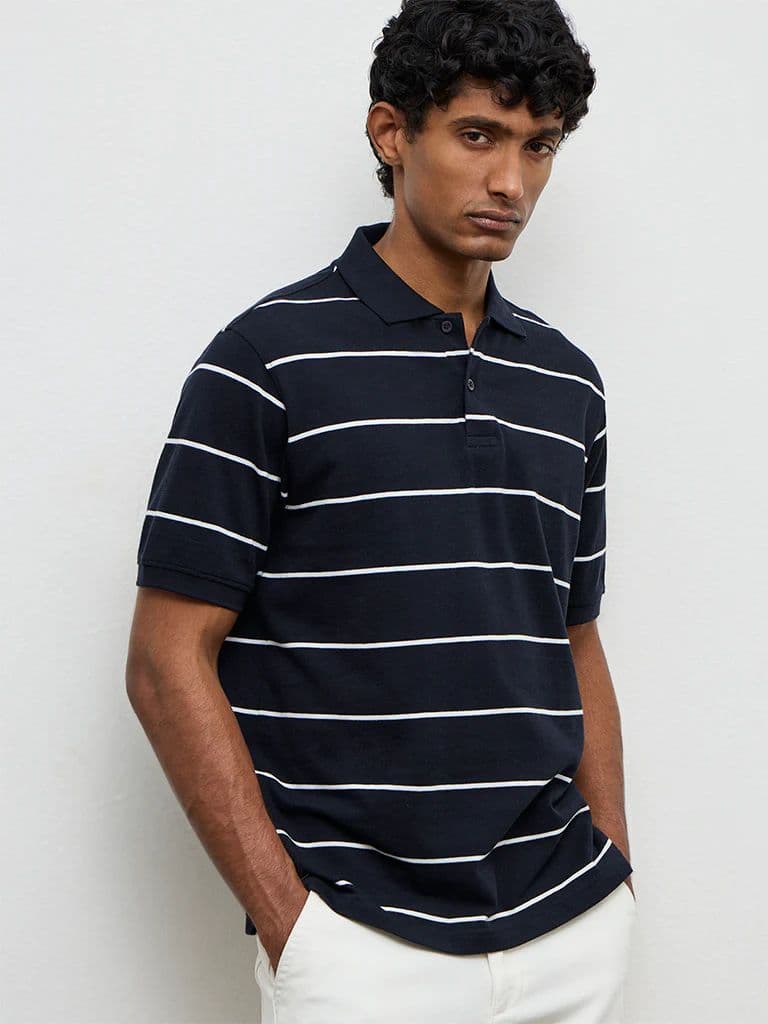 WES Casuals Navy Striped Relaxed-Fit Cotton Polo T-Shirt — photo 2