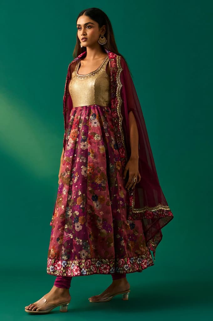 Maroon Floral Printed Embellished Anarkali Crepe Dress with Churidar and Cape Set — photo 3