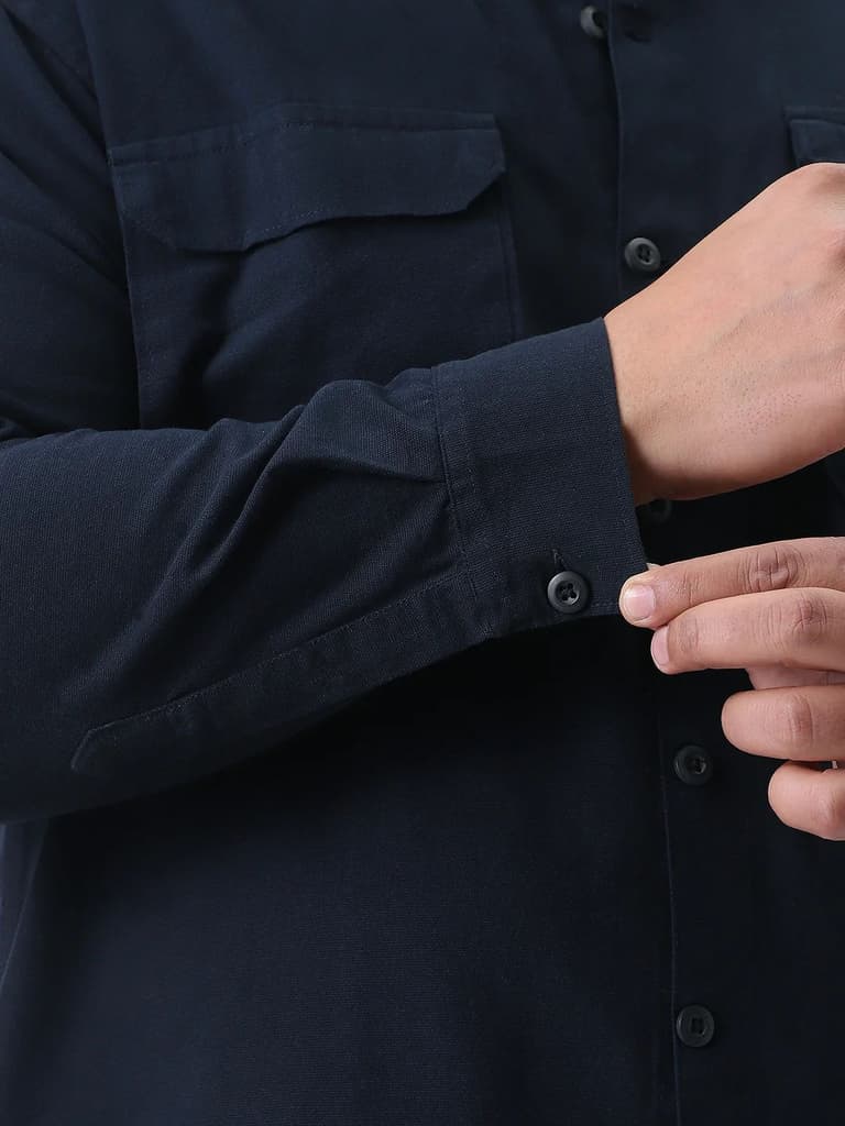 Plus Men's Navy Cotton Full Sleeve Relaxed Fit Shacket with Utility Pockets — photo 6