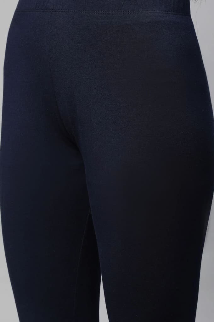 Navy Blue Solid Skinny Fit Cotton Tights With Slip On Closure — photo 6