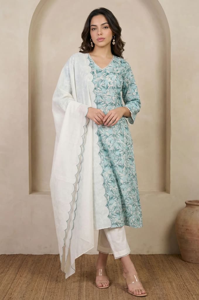 White and Green Floral Printed Kota Straight Kurta with Straight Pants and Dupatta Set — XS