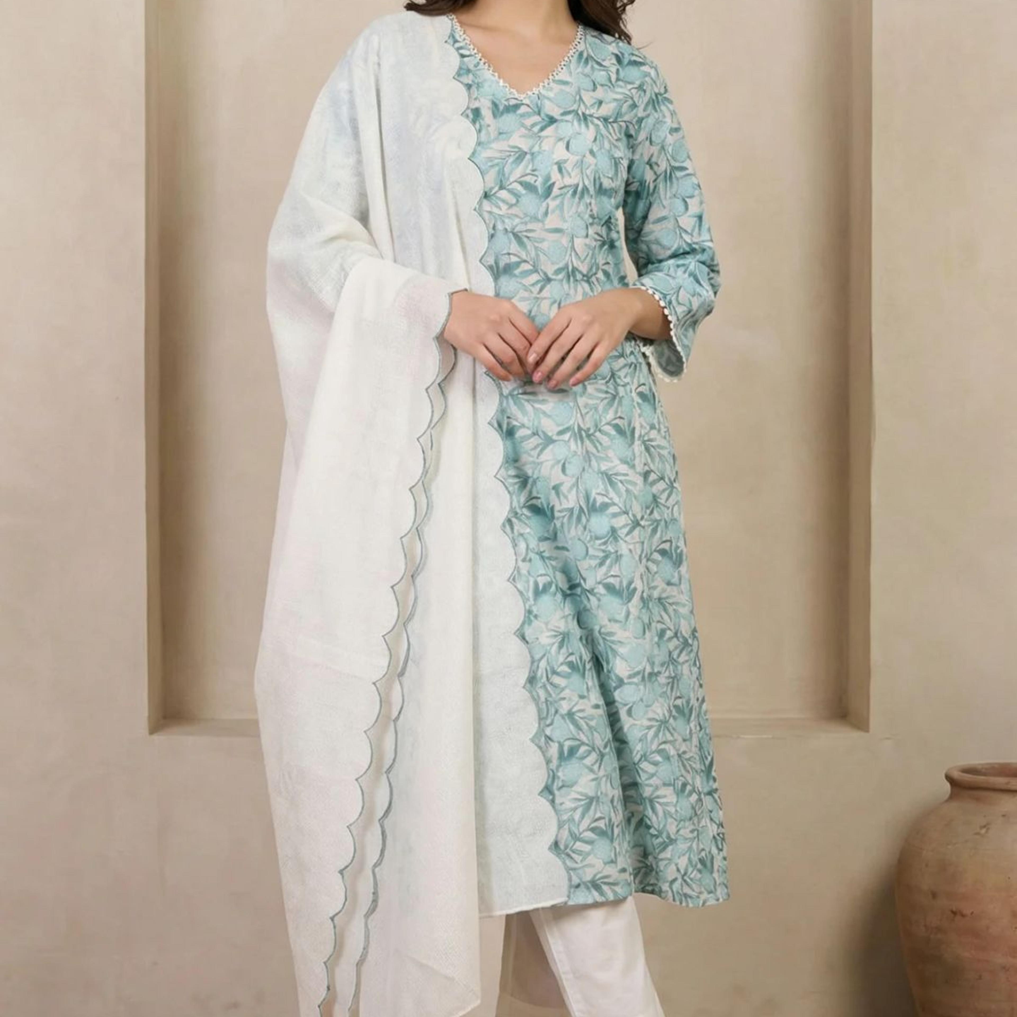 White and Green Floral Printed Kota Straight Kurta with Straight Pants and Dupatta Set