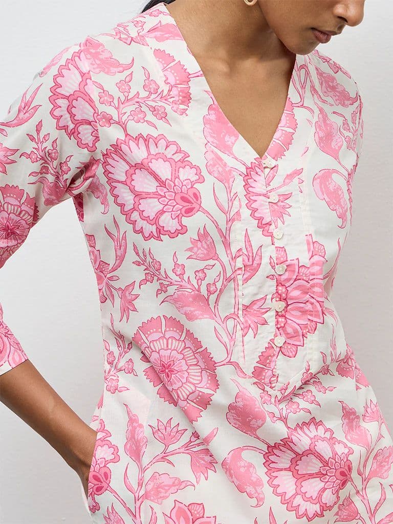 Utsa Pink Floral Printed Cotton Straight Kurta — photo 3