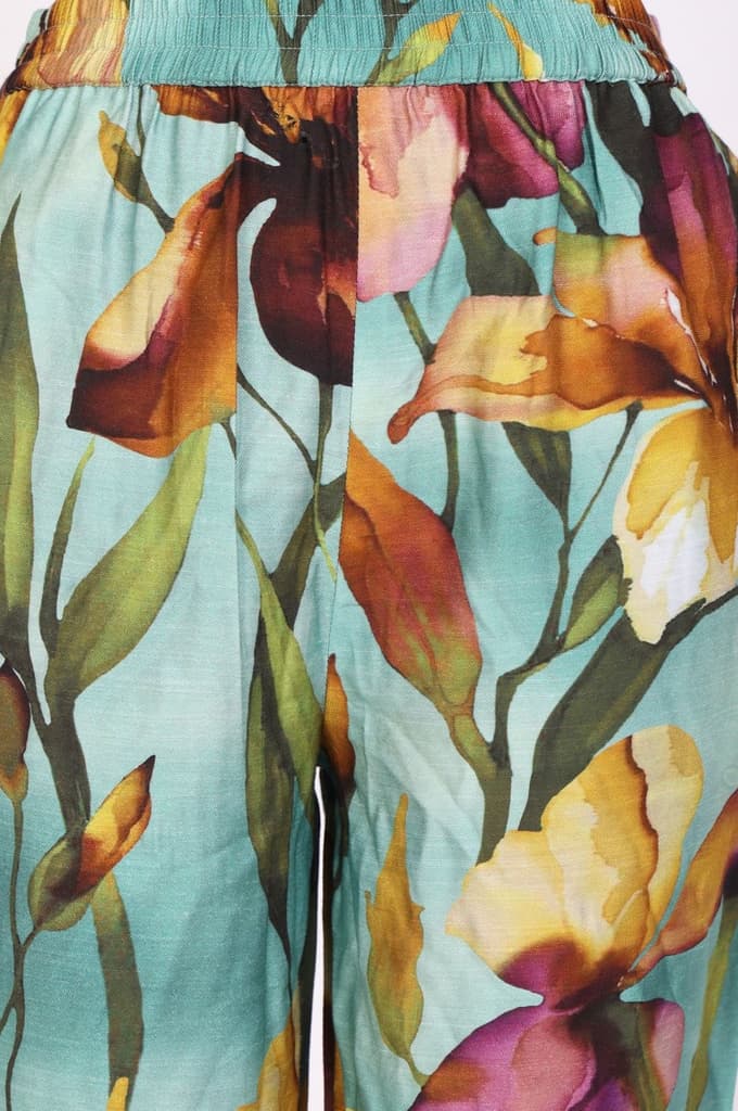Turquoise Blue Floral Printed Straight Ankle Length Pants — photo 2