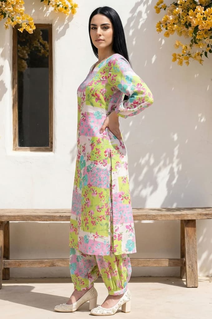 Multicolor Floral Printed Beadwork Modal Straight Kurta with Gathered Pant and Dupatta Set — photo 3
