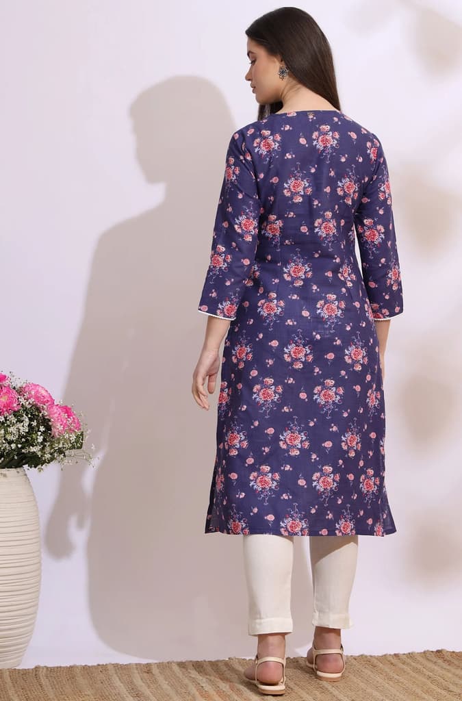 Purple Bold Floral Printed Cotton Cambric Straight Kurta — photo 6