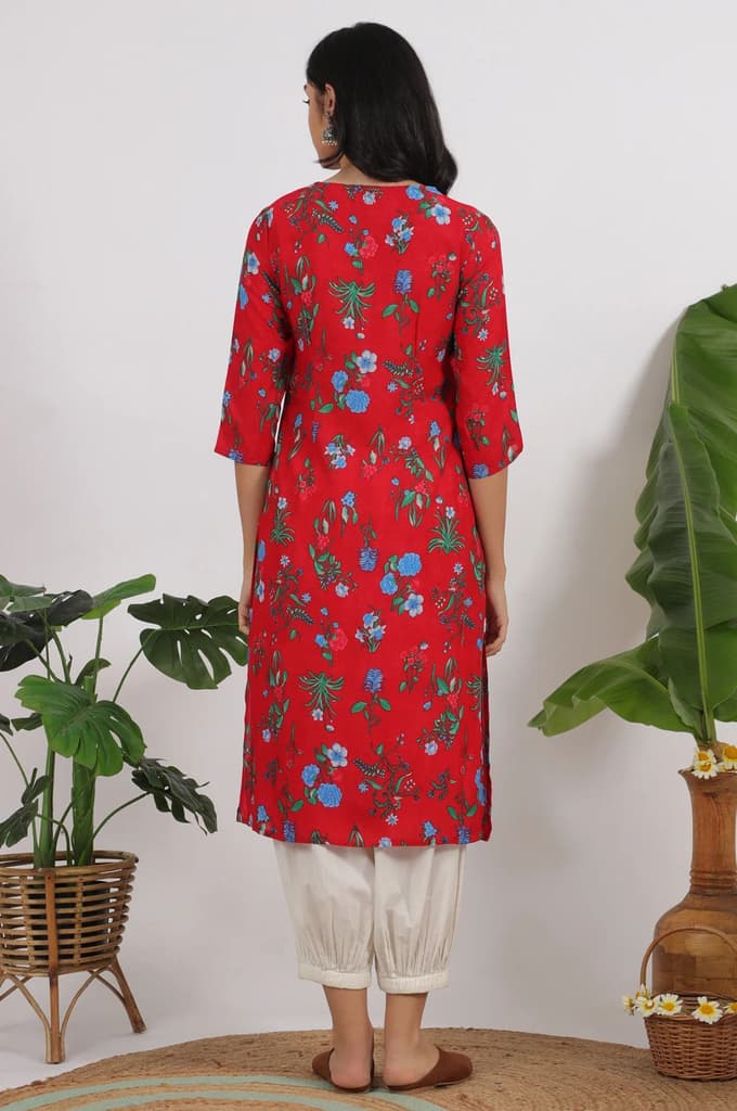 Red Bold Floral Printed Modal Straight Kurta — photo 6