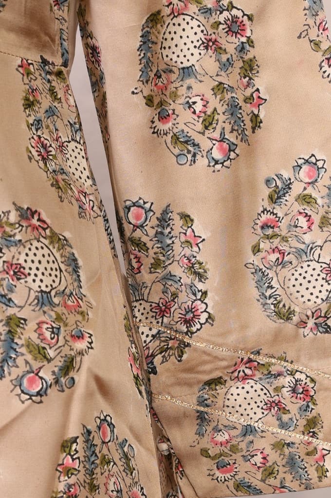 Beige Floral Printed Satin A-line Kurta with Parallel Pants and Dupatta Set — photo 2