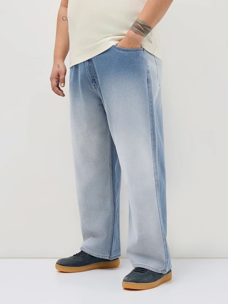 Plus Men's Light Blue Loose Baggy Fit Heavy Washed Faded Denim Jeans Non-Stretchable — photo 2