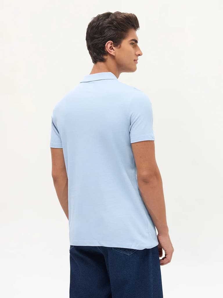 Men's Light Sky Blue Solid Regular Fit Half Sleeve Cotton Polo T-Shirt — photo 4