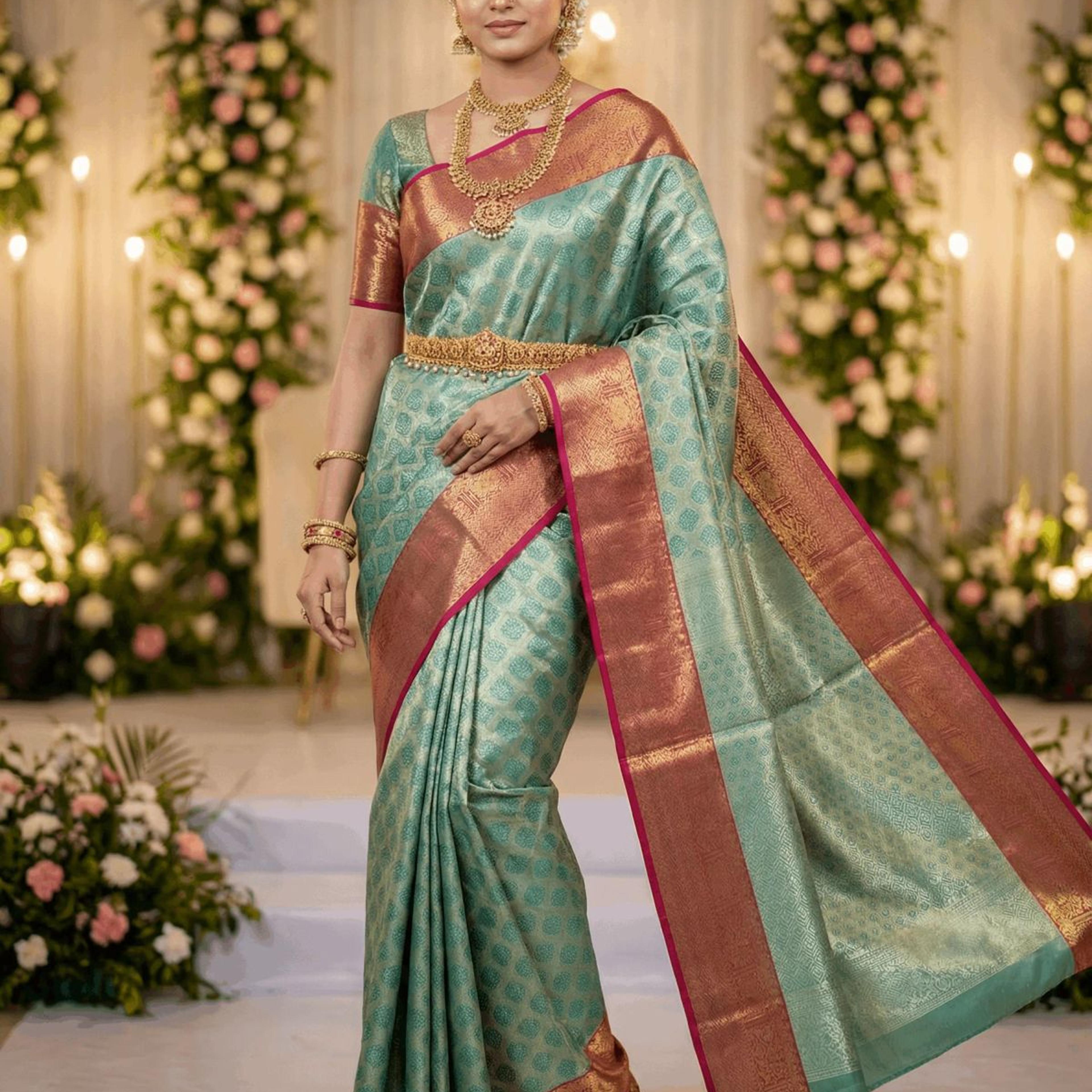MIMOSA Women's Woven Design Kanjivaram Style Art Silk Saree with Blouse Piece - Rama (SA00002734RMFREE)