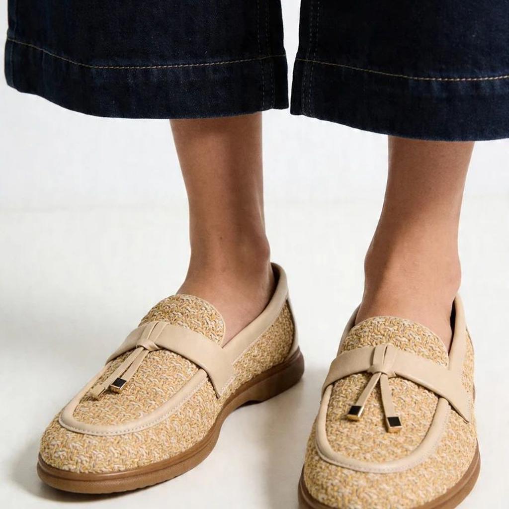 LUNA BLU Beige Natural Woven Rafia Penny Trim Loafers