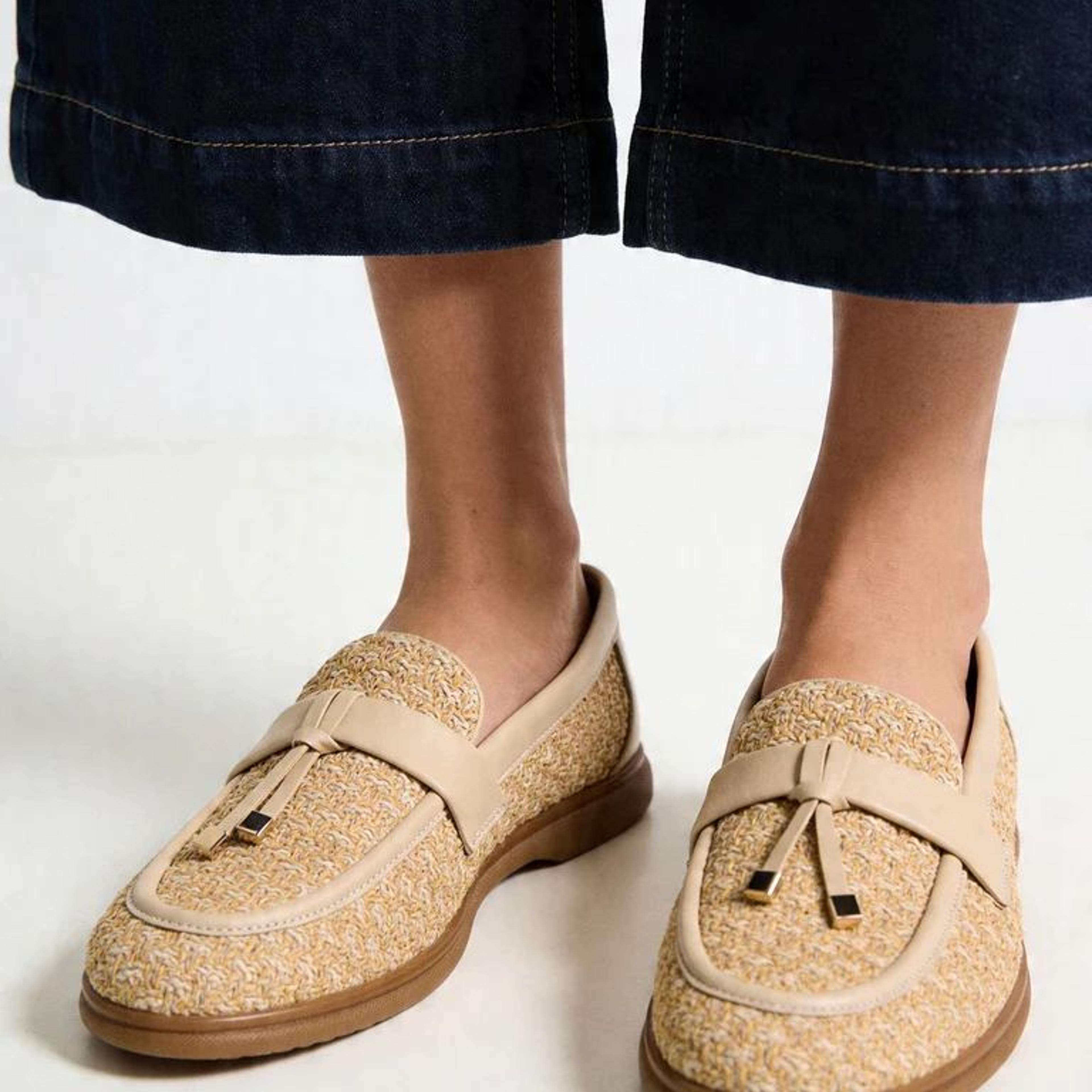 LUNA BLU Beige Natural Woven Rafia Penny Trim Loafers