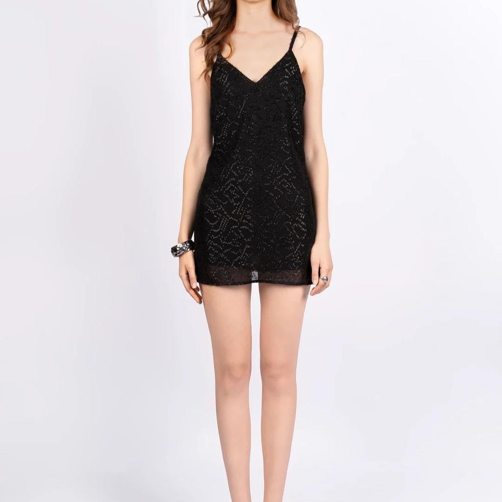 Black Fitted Party Dress in Poly Georgette Lurex