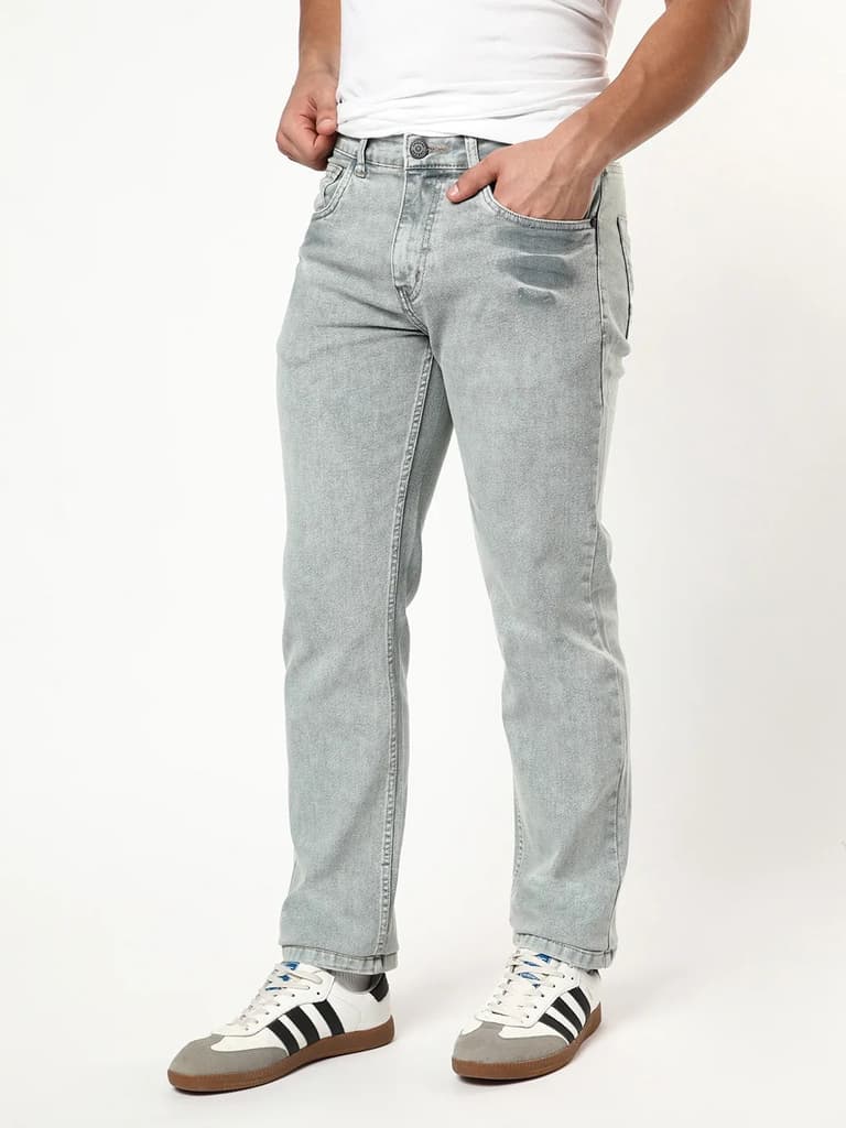 Men's Ice Grey Regular Fit Acid Washed Denim Jeans Stretchable — photo 2