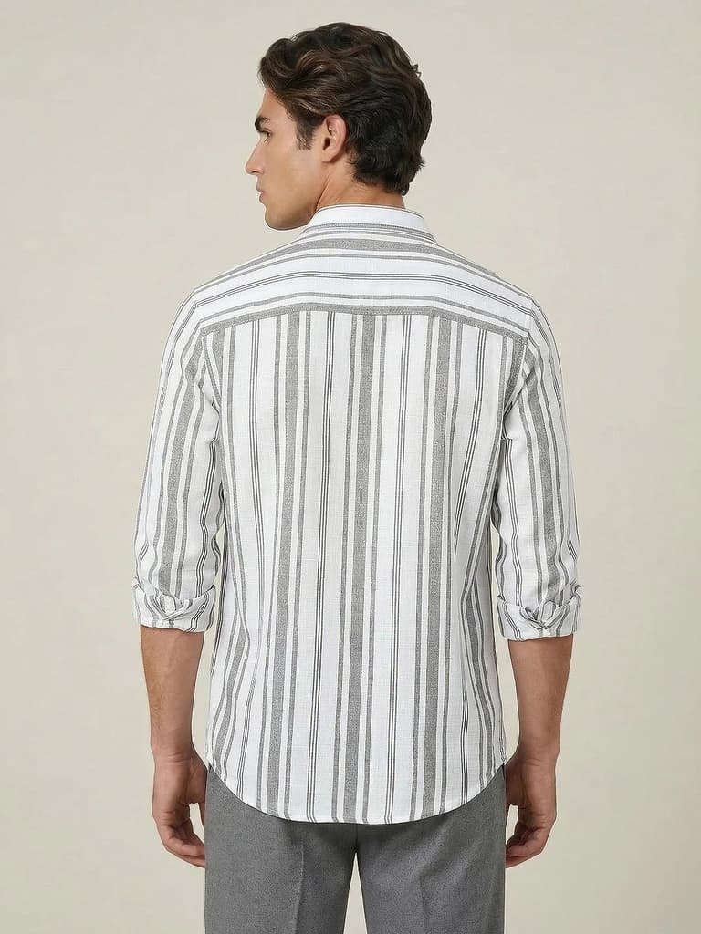 Men's Grey Cotton Full Sleeve Relaxed Fit Linen Striped Shirt with Spread Collar — photo 3