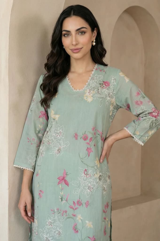 Sea Green Floral Printed Embroidered Chanderi Straight Kurta — photo 3