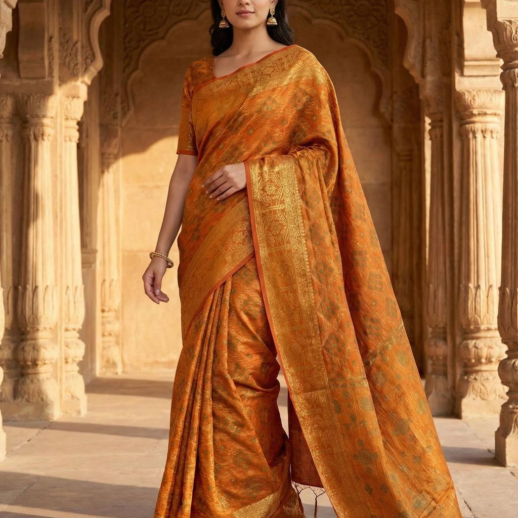 MIMOSA Women's Woven Design Patola Style Raw Silk Saree with Blouse Piece - Mustard ( SA00003138MSFREE )