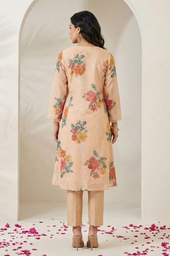 Peach Floral Printed Tissue Straight Kurta with Straight Pants and Dupatta Set — photo 5