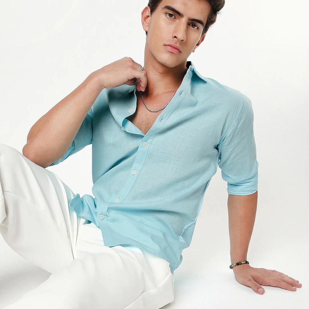 Men's Sky Blue Linen Blend Full Sleeve Relaxed Fit Casual Solid Shirt